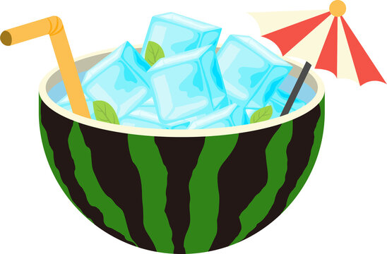 Iced watermelon bowl with straw and umbrella