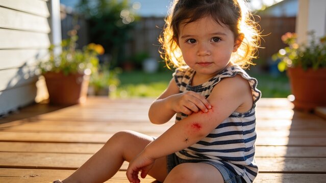 Young girl with insect bites on her arm sitting on wooden porch, sunlight illuminating her face and surrounding garden with potted plants in the background