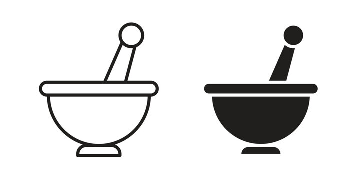 Mortar pestle icons vector silhouette set. thin line icon pack.