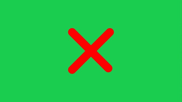 Red cross mark animation pops on green screen background. stop, wrong, or incorrect choices symbol. Animated A red 'X' mark chroma key. cross animation