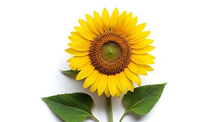 Fototapeta premium Single yellow sunflower with green leaves isolated on white background in centered composition.