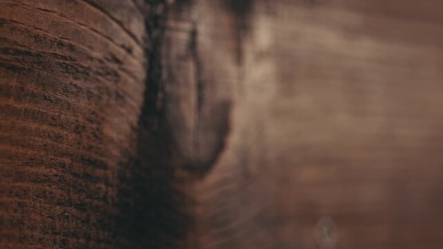 Macro slow motion shot of wood plank wall with panning left to right, including a knotted wood part and small metallic screw. Beautiful wood grain with sharp focus on the left side, blurred right.