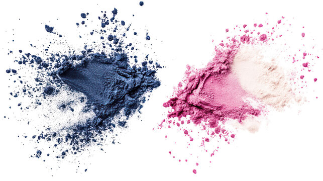 Vibrant makeup powders exploding on a black background on transparent background