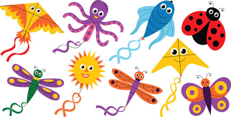 Fototapeta premium Kite designs vector set featuring cartoon flying toys shaped like ladybug, butterfly, fish, bird, octopus, dragonfly for Makar Sankranti festival