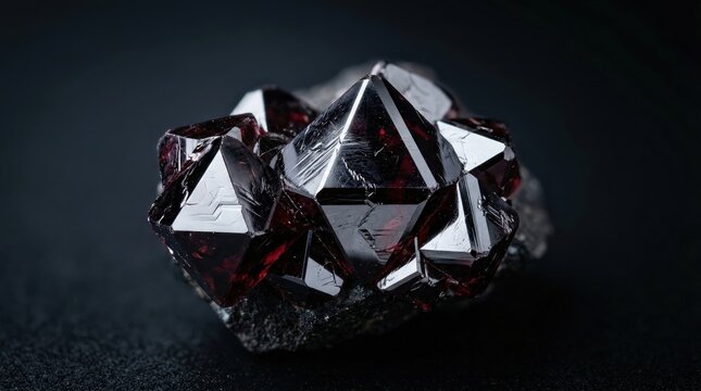 Macro Shot of Deep Red Garnet Crystal Cluster on Black Background