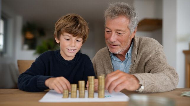 Grandfather teaching teenage grandchild about compound interest using physical coins and graph paper at wooden dining table, intergenerational financial literacy, perfect for investment education, f