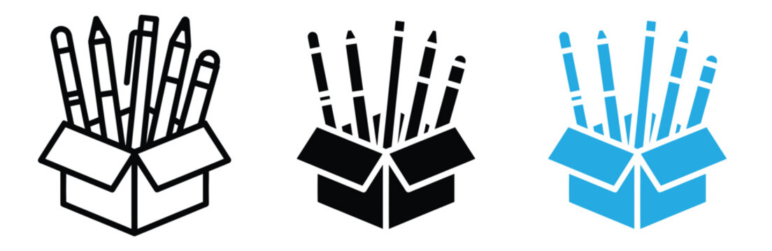 Pencils in a box icon set for education and office supplies