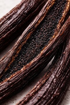Vanilla pods macro close up with rich aromatic seeds and textured natural spice background
