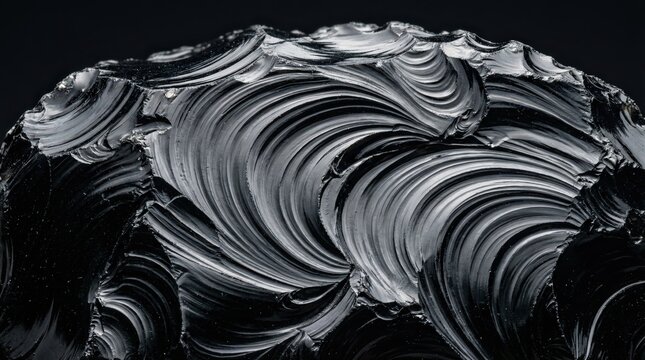 Macro close-up of black obsidian volcanic glass showing sharp conchoidal fracture patterns