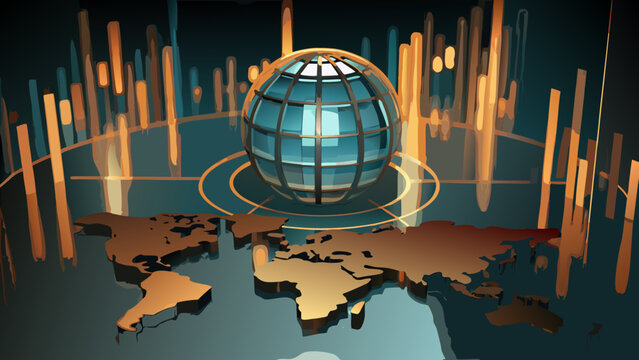 A glowing orb surrounded by abstract structures and a world map
