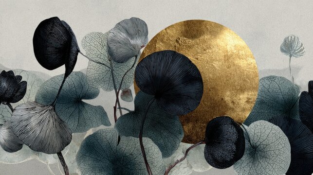 Stylized botanical forms featuring dark foliage against a textured gold circle dominate the scene.