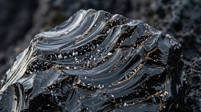 Macro close-up of a raw black obsidian stone showing distinct conchoidal fracture patterns and glossy texture