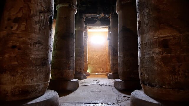 Ancient hall of the Abydos Temple with towering columns and intricate hieroglyphs, showcasing the spiritual depth and architectural mastery of Ancient Egypt.