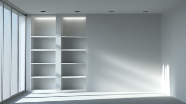 Contemporary interior space features built in shelving illuminated by natural light shafts