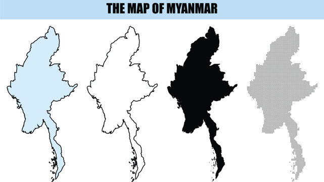 Myanmar Map Outlines Various Styles Isolated on White Background