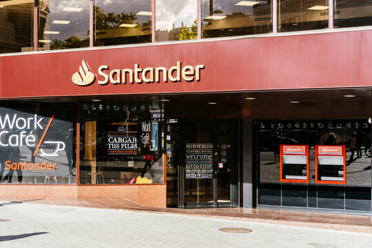 Barcelona, Spain - May 11, 2021. Logo and facade of Geox, Banco Santander, commercially known as Santander, is a Spanish bank based in Santander