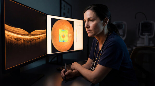 Ophthalmologist woman examining retinal scan images on computer monitors. Medical professional analyzing eye health and diagnostic data in clinic. Modern healthcare and science technology.