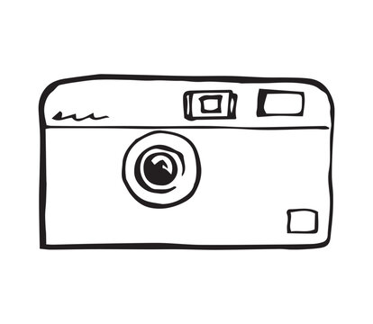 Hand drawn disposable film camera sketch illustration. Point and shoot doodle, bold black outline on white. Y2K nostalgia, film aesthetic and retro photography concept for branding.