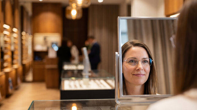 Woman trying on eyeglasses in front of mirror at optical shop. Customer selecting eyewear in ophthalmology store. Choice of frames and vision improvement accessories for daily style.