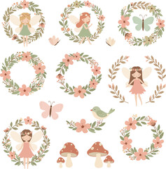 Fototapeta premium Whimsical watercolor floral wreaths with fairytale princess girls and nature elements