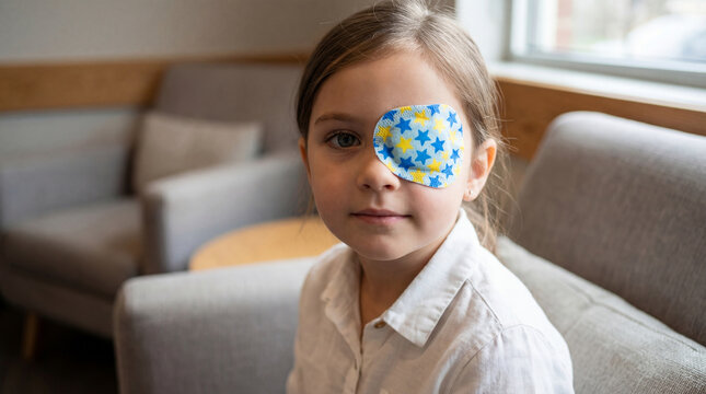 Child girl with star pattern eye patch on face. Little patient in clinic for treatment of eye disorder. Ophthalmology medicine and vision therapy for amblyopia and strabismus recovery.