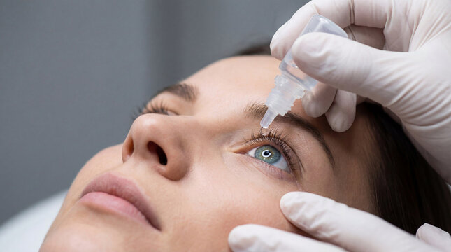 Ophthalmologist applying eye drop to woman patient. Medical professional in clinic performing eye care treatment. Vision care therapy, health checkup and ocular medicine diagnostic procedure.