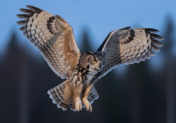 Fototapeta premium Close up of a barn owl in flight with detailed feather patterns tyto alba bird in flight