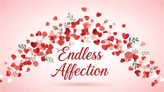 Valentine's Day card with red hearts and flowers on pink background