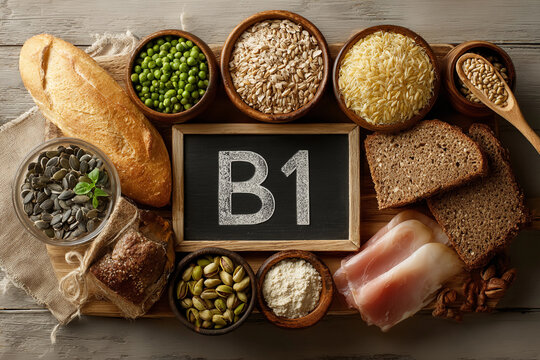 Foods rich in vitamin B1. Dietary, healthy nutrition and water-soluble vitamin concept. Flat lay for poster, visual elements 