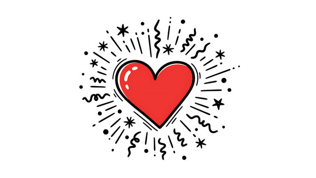 Red heart with confetti and stars, love and celebration symbol