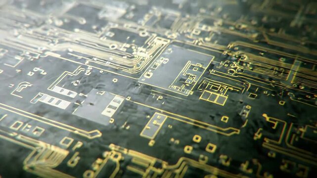 Circuit board layout revealing intricate pathways and connections, representing technology, communication, and digital information flowing through advanced systems