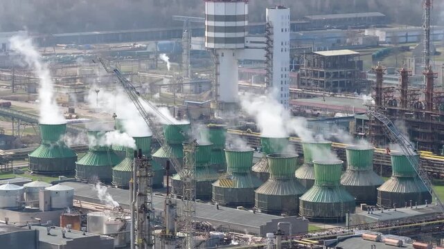 Fertilizer industrial factory producing smoke, aerial view