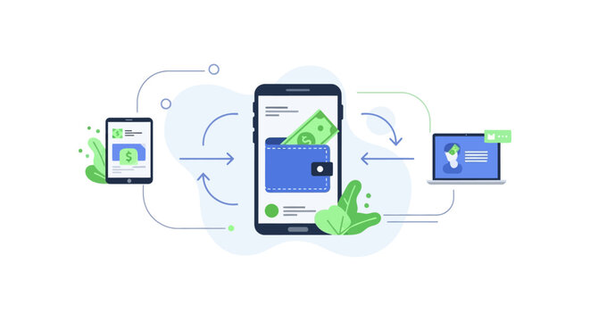 Digital Wallet Transfer Illustration: Secure Mobile Payment, E-Money Flow, Online Banking, and Fintech Integration.