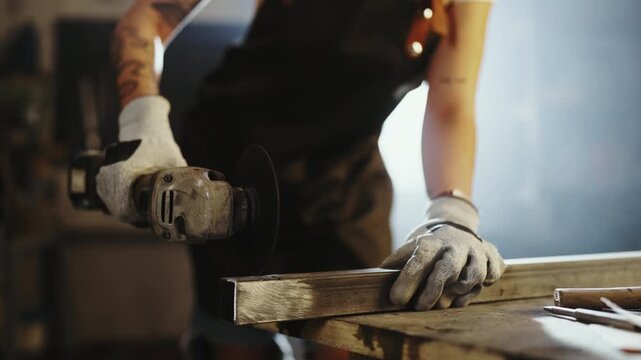 A person works on a piece of wood in a workshop. The individual uses a power tool to shape the wood. Dust and sparks fill the air as tools are used.