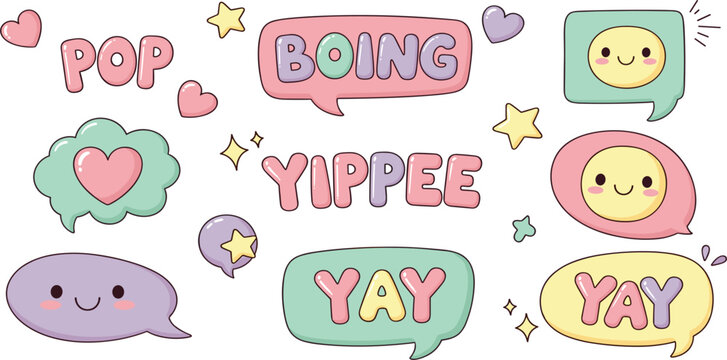 Cute Kawaii Speech Bubble Sticker Set with POP BOING YIPPEE YAY Text Smiley Faces Hearts and Stars in Pastel Cartoon Style