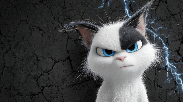 A grumpy cartoon cat with black and white fur and blue eyes on a dark cracked background with lightning