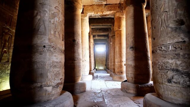 Ancient hall of the Abydos Temple with towering columns and intricate hieroglyphs, showcasing the spiritual depth and architectural mastery of Ancient Egypt.