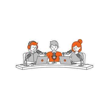 Three people wearing headphones and microphones sitting at table with laptops.
