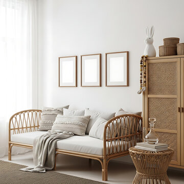 Boho chic living room interior with rattan daybed, natural textures, and decorative elements, cozy ambiance