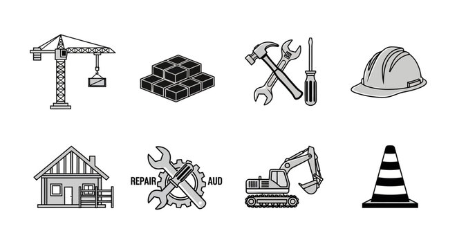 Construction and repair tools with building elements and safety equipment.