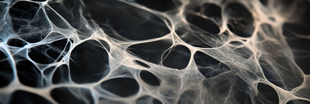 A delicate white spider web intricately woven against a dark background. The natural, gossamer pattern highlights its symmetrical and fragile design, capturing its ethereal beauty.