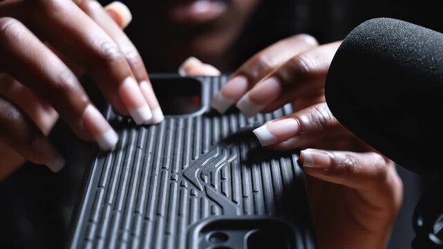 In a cozy indoor space, elegantly manicured fingers delicately explore textured surfaces, creating rhythmic sounds that evoke calm and creativity.
