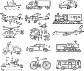 Obraz premium Collection of various transportation vehicles in a simple black and white style
