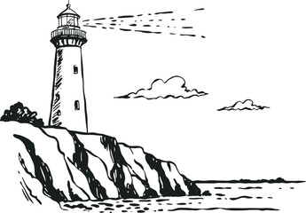 Coastal lighthouse sketch standing on rocky cliff overlooking ocean with clouds and light beam lines. Vector illustration © MstSima
