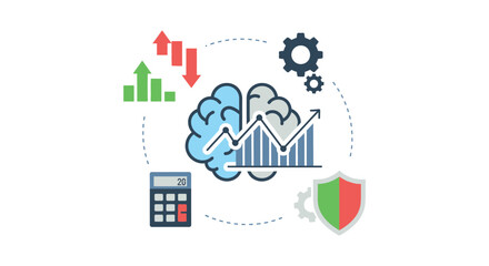 Obraz premium Brain Data Analysis Icon: Business Intelligence, Financial Strategy, Risk Management, and Growth Metrics Concept Vector Illustration
