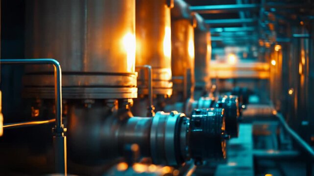 Industrial pipeline system featuring multiple connections and valves, transporting various fluids or gasses in a factory setting with warm and cool lighting