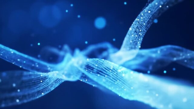 Ethereal glowing sapphire and cerulean light ribbons with shimmering digital particles drift on a diffused indigo background, soft focus, smooth dolly video. Concept of seamless data flow