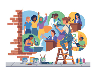 Diverse women painting a mural celebrating achievements and professions. © Doyez Vector