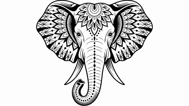 Intricate black and white illustration of an elephant s head with floral patterns