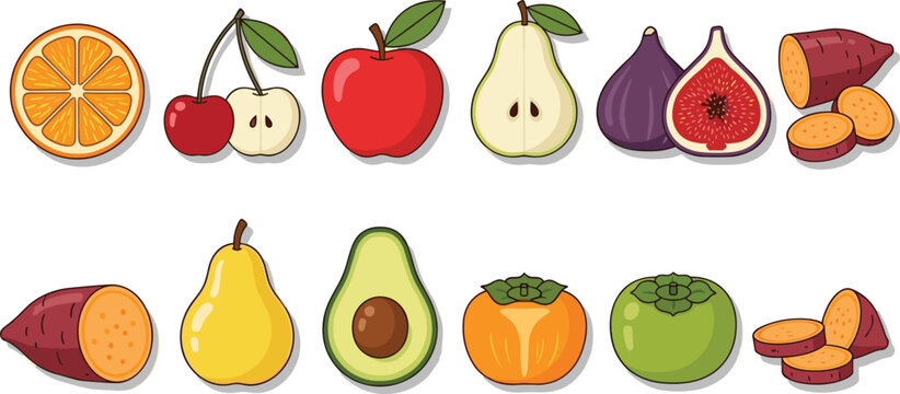 Flat vector illustration collection of fresh fruits and vegetables featuring sliced orange, avocado, cherries, apple, pear, fig, persimmon, and sweet potatoes.